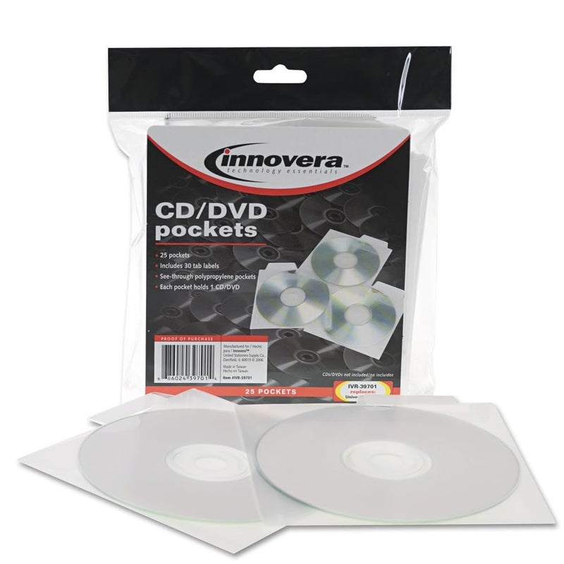 Innovera CD/DVD Pocket with Built-in Label Tab, Clear, 25/Pack - Image 1
